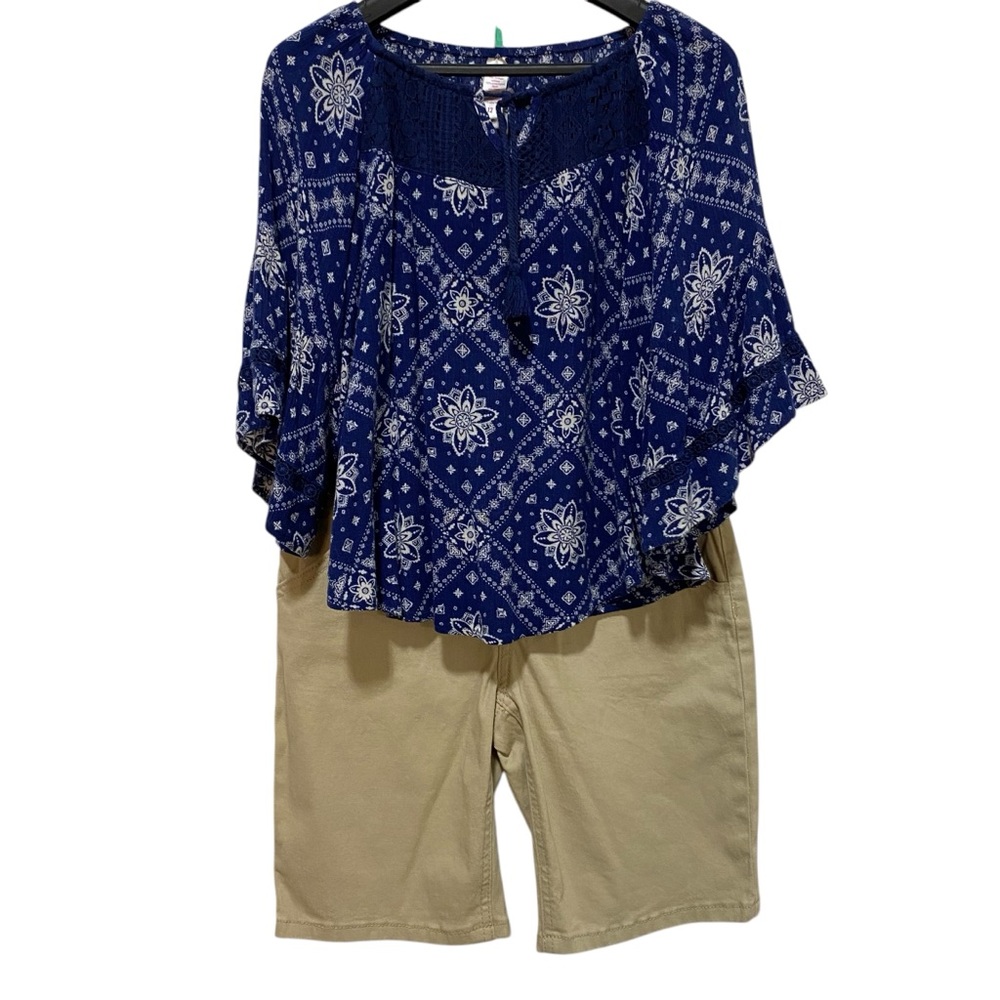 JUSTICE Top Shorts Set 2-Pieces Size 12 Blue Tan Boho Classic Bermuda Length